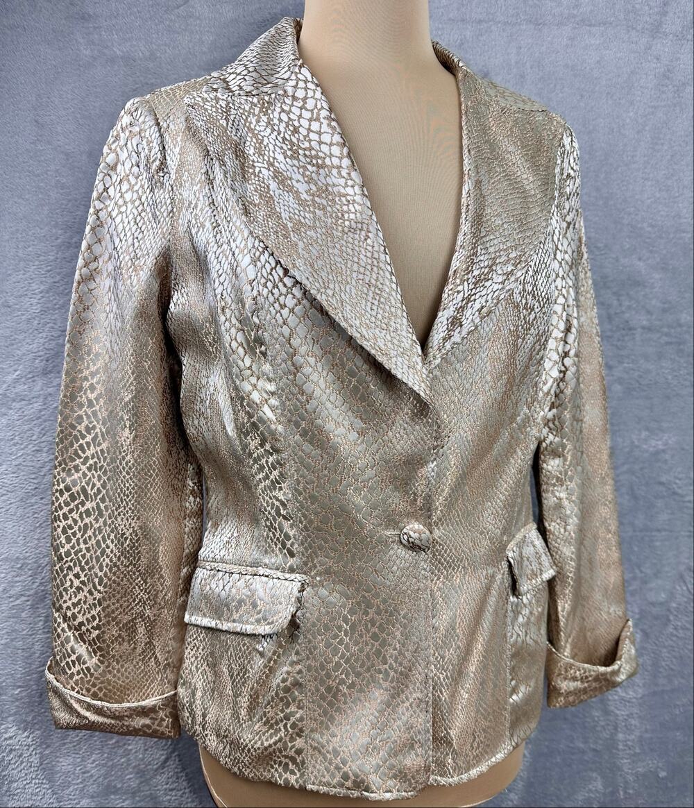 Vtg Y2K Mesmerize Gold Foil Snake Skin Python Print Moto Jacket Mob Wife - Large
